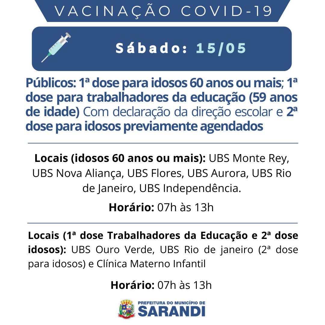 Cronograma de Vacinação contra Covid-19 - Sábado - 15/05/2021